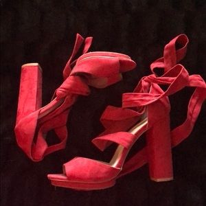Red tie up heeled sandals